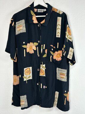 Chico's Design Womens Black Floral Print Rayon Button-Down Shirt Size 2 Casual